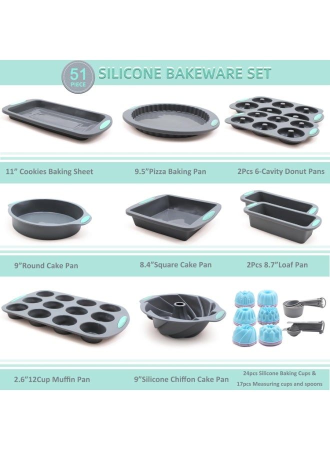 Bukela 54 Pieces Silicone Baking Pans Set, 10 Silicone Cake Molds, Loaf Pan and Muffin Pans, Non-Stick Baking Cup, with Measuring Cups and Spoons Set, Grey - Image 2